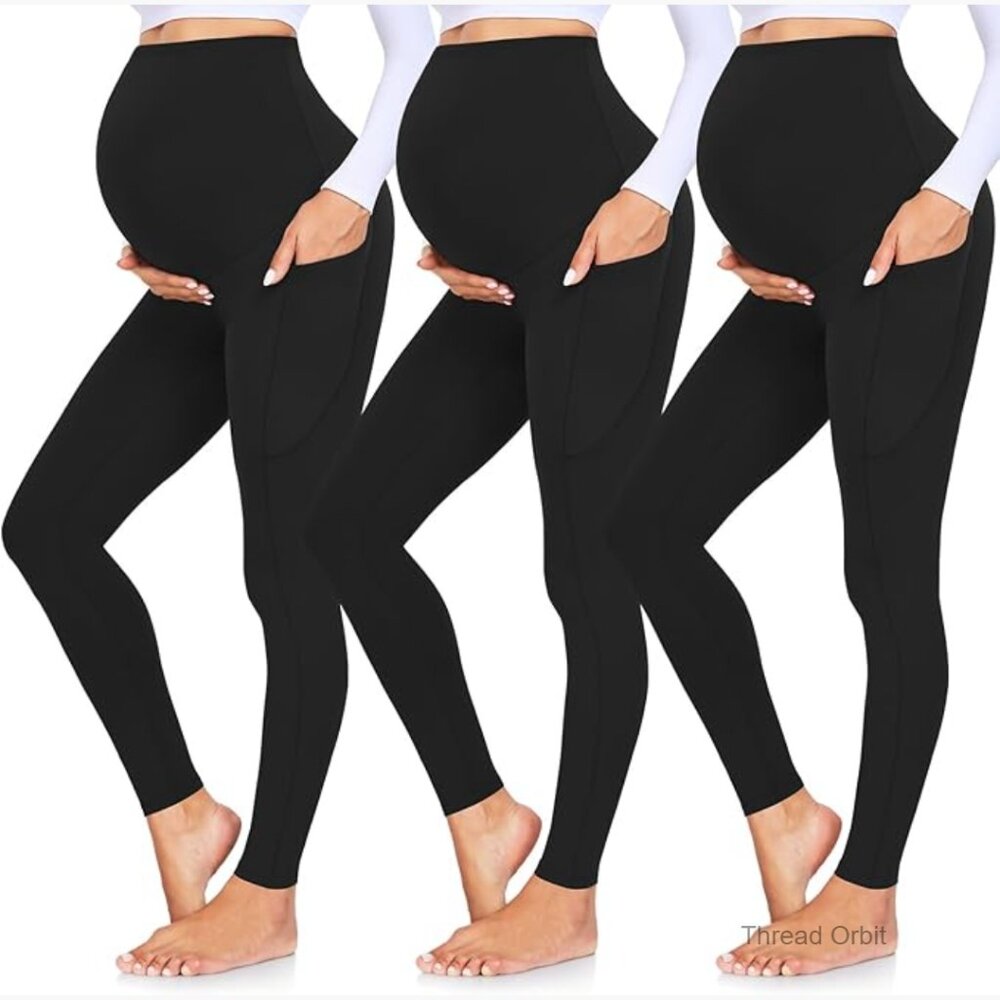 Maternity Leggings 3-Pack with Pockets Over Belly Yoga Workout Pants